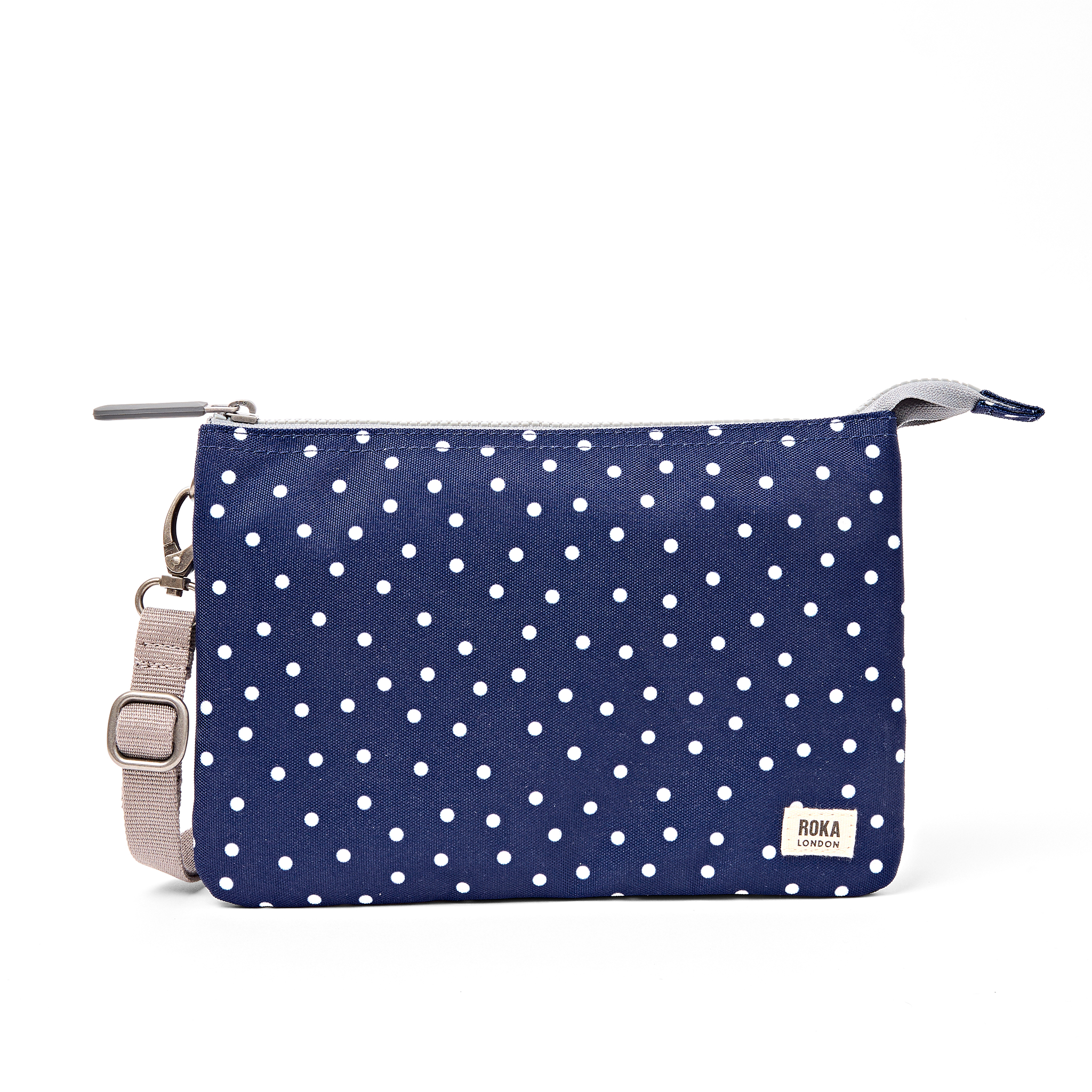Roka London Carnaby XL crossbodyveske Navy Polka Dot vanntett