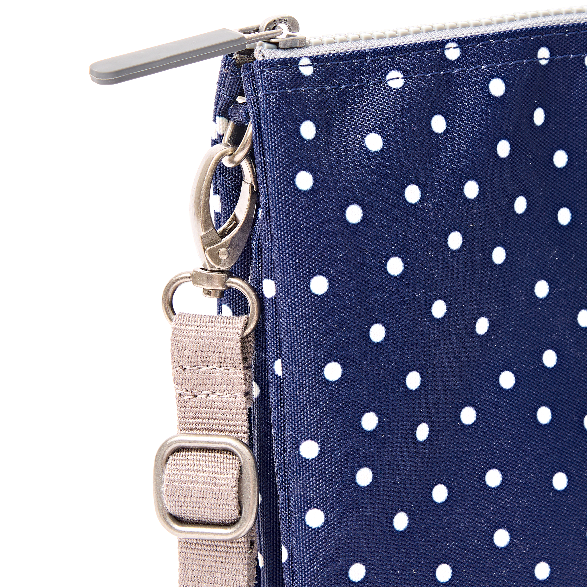 Roka London Carnaby XL crossbodyveske Navy Polka Dot vanntett