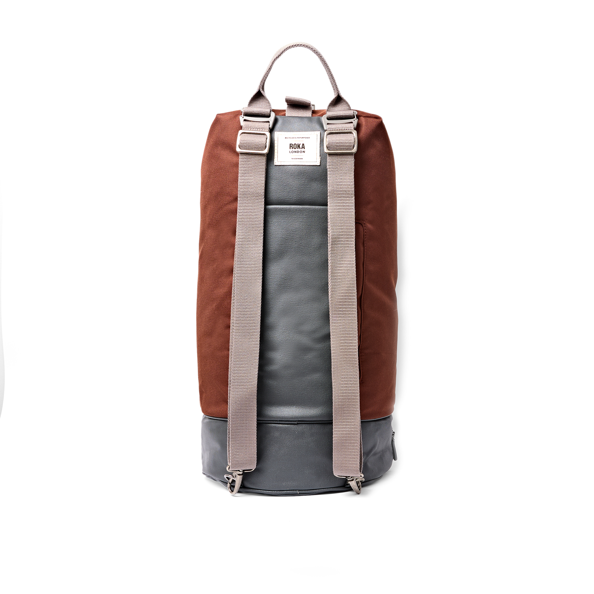 Roka London Heathrow duffel ryggsekk Chocolate large skomrom