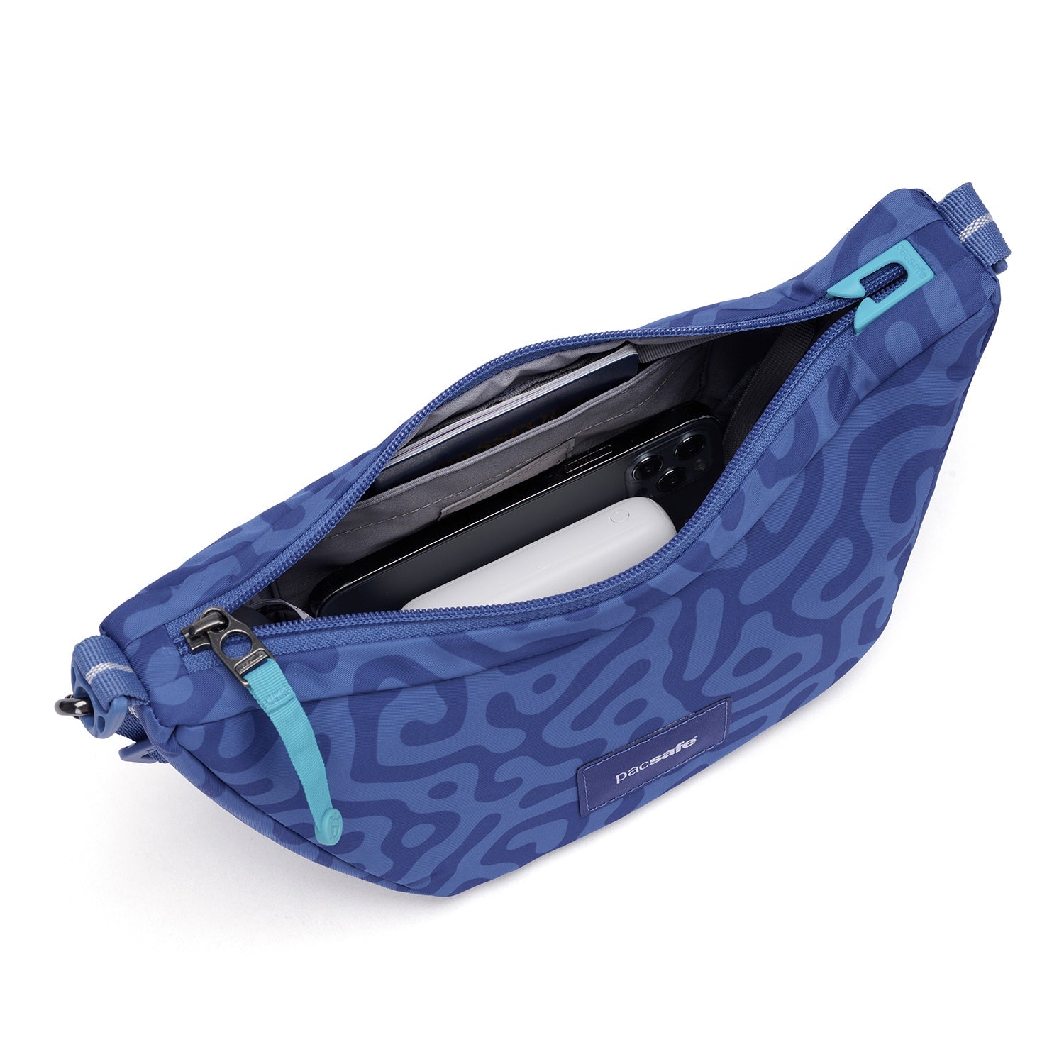 Pacsafe GO Lunar crossbody cerulean blue tyverisikker